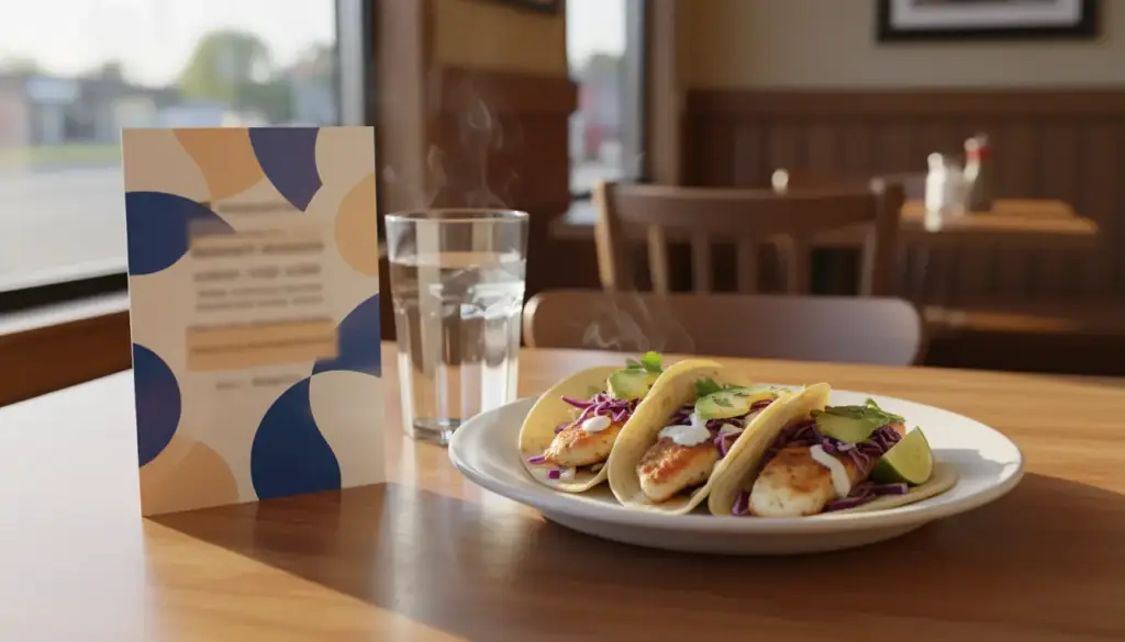 A restaurant offer postcard propped against a water glass beside a plate of fish tacos
