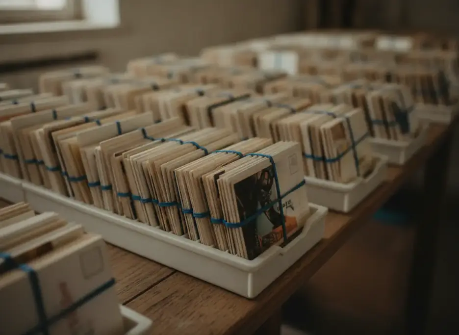 Rows of presorted postcard bundles standing in postal trays on a sorting table