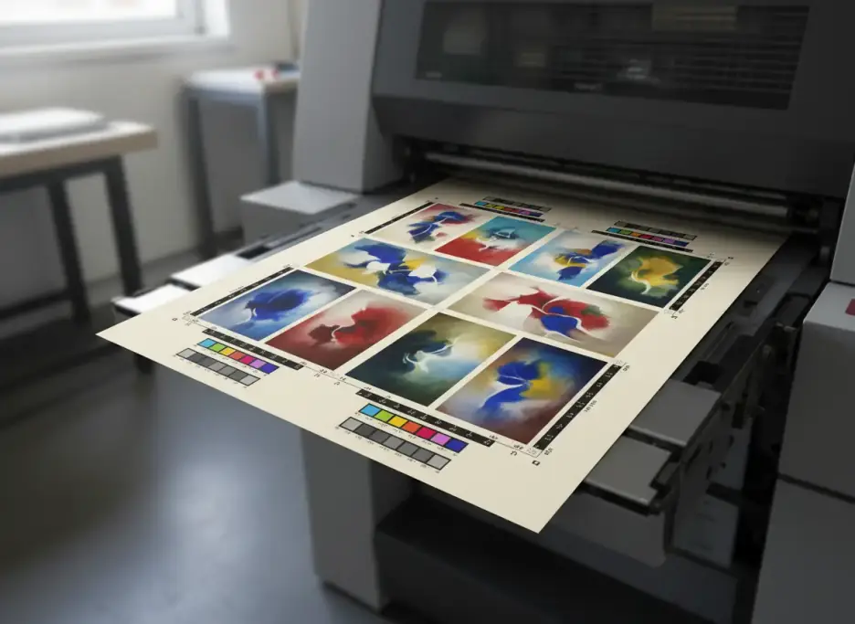 Press sheet of eight full color postcards with crop marks and color bars leaving the press
