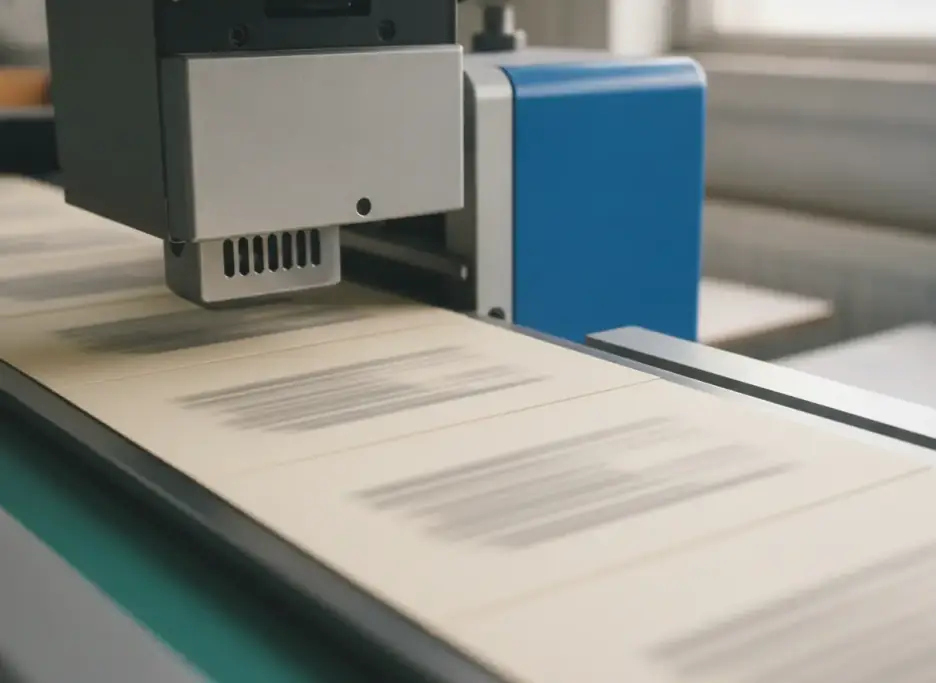 Postcards on a conveyor passing under an inkjet addressing head