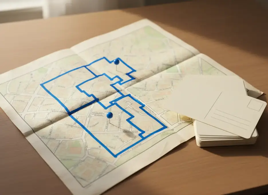 Street map with target blocks outlined in blue marker and pins, blank postcards beside it