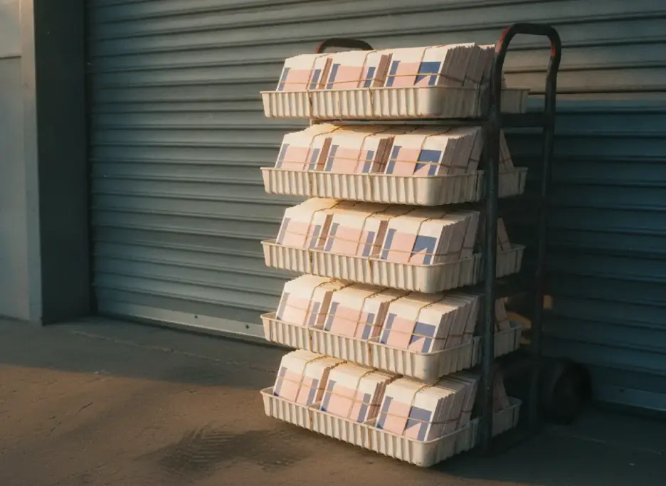 Postal trays of banded postcards stacked on a hand truck at a loading dock door